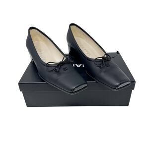 Chanel Black Leather Square Toe Bow Low Heel Pumps Size 7 B